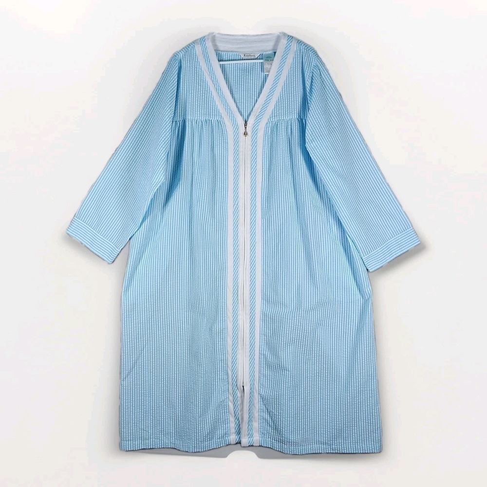 Kay Anna Housecoat Robe Women XL Blue White Stripe Seersucker Zip Front Pockets